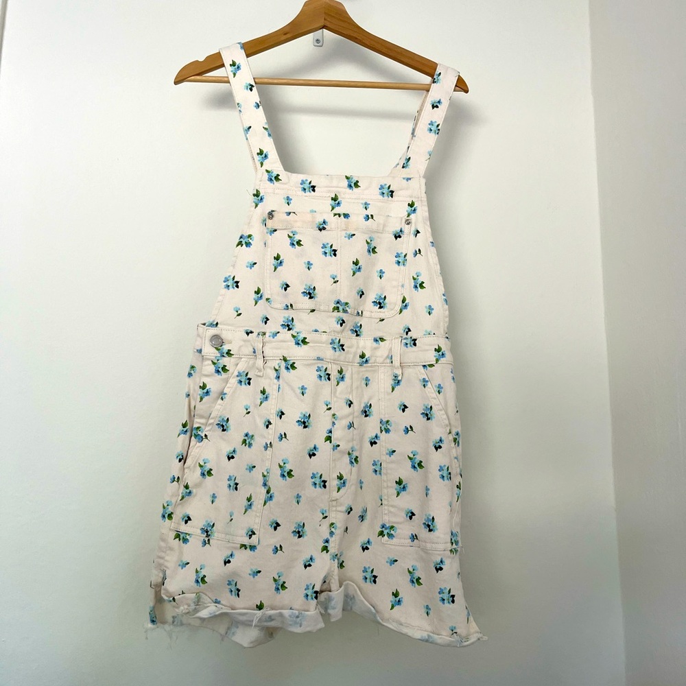 Floral Denim Short Overalls Shortalls
